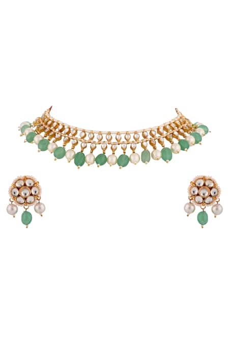 Riana Jewellery Green Stones Layered Tear Drop Necklace Set 