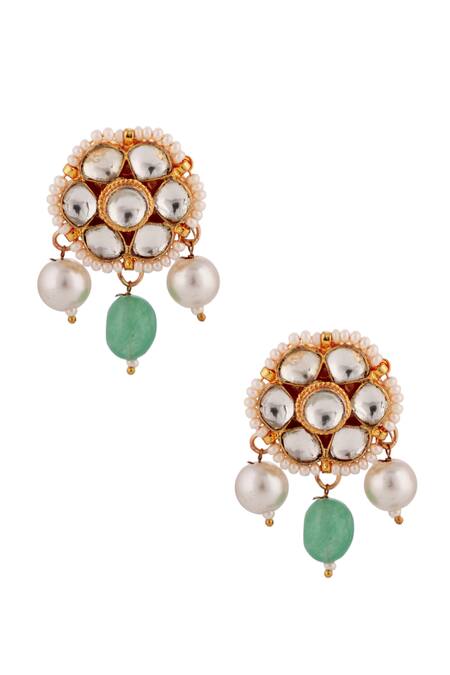 Buy_Riana Jewellery_Green Stones, Beads, Pearls Layered Tear Drop Necklace Set _Online_at_Aza_Fashions