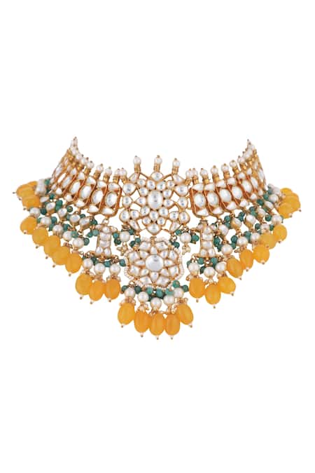 Buy_Riana Jewellery_Yellow Pearls, Beads, Stones Floral Jadtar Necklace Set _Online_at_Aza_Fashions