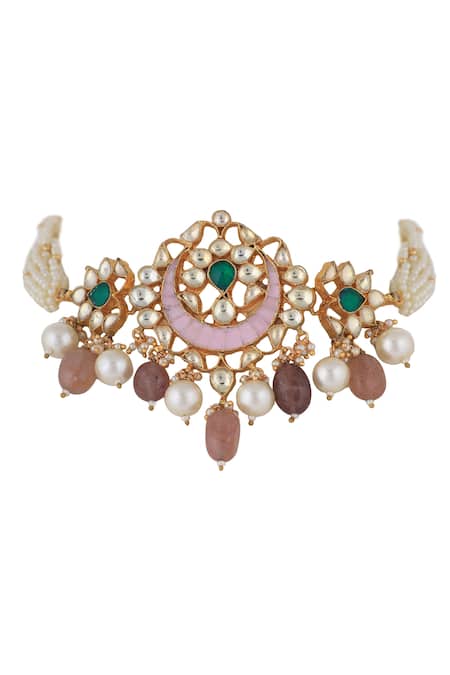 Shop Riana Jewellery Pink Stones, Beads, Pearls Crescent And Necklace Set at Aza Fashions Shop_Riana Jewellery_Pink Stones, Beads, Pearls Crescent And Necklace Set _at_Aza_Fashions