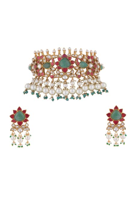 Riana Jewellery White Beads, Pearls, Stones Floral Jadtar Necklace Set