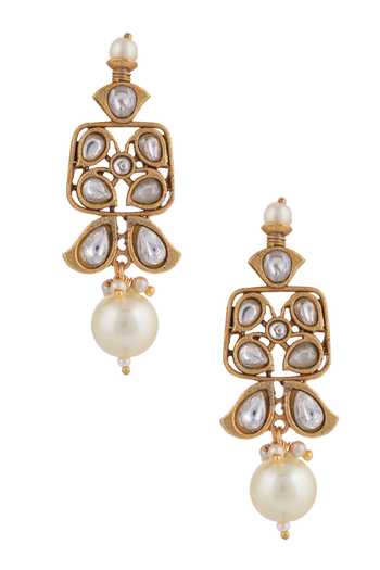 Buy_Riana Jewellery_Off White Stones, Pearls Geometric Cut Work Necklace And Earring Set _Online_at_Aza_Fashions