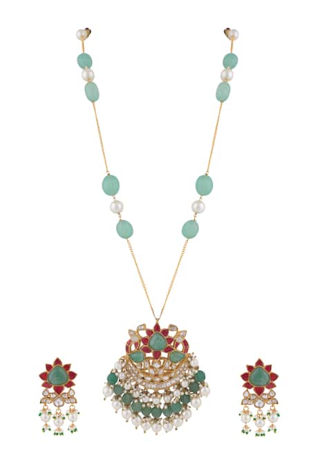 Riana Jewellery Green Beads, Pearls, Stones Floral Jadtar Necklace Set