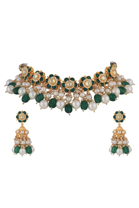 Riana Jewellery Emerald Green Pearls, Beads, Stones Floral Cut Work Necklace Set