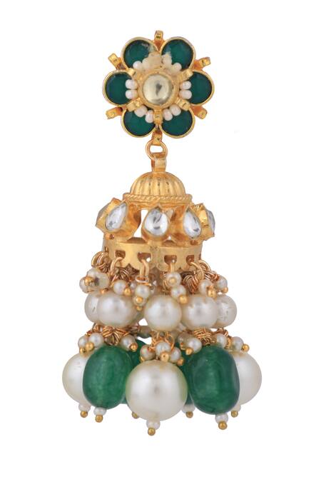 Riana Jewellery_Emerald Green Pearls, Beads, Stones Floral Cut Work Necklace Set _Online_at_Aza_Fashions