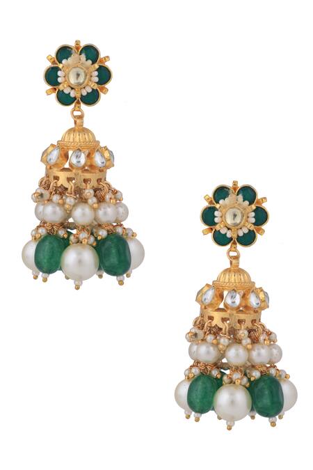Buy_Riana Jewellery_Emerald Green Pearls, Beads, Stones Floral Cut Work Necklace Set _Online_at_Aza_Fashions