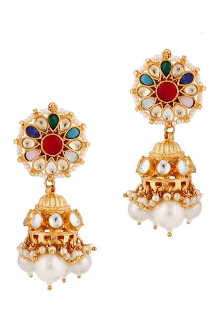 Riana Jewellery Multi Color Embellished Navratna Stones Jhumkas 