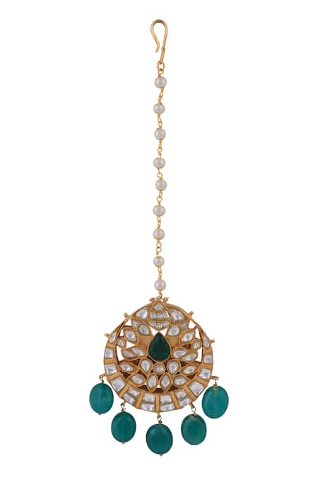 Riana Jewellery Green Pearl Embellished Maangtikka