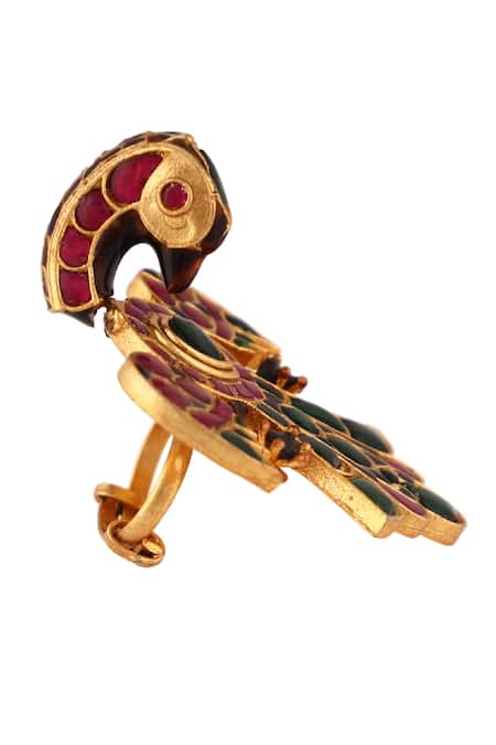 Riana Jewellery_Pink Stones Peacock Pattern Embellished Ring _Online_at_Aza_Fashions