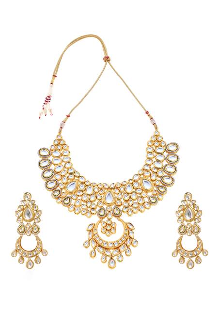 Minaki_Gold Plated Beads, Diamonds Kundan Pendant Necklace Set _Online_at_Aza_Fashions