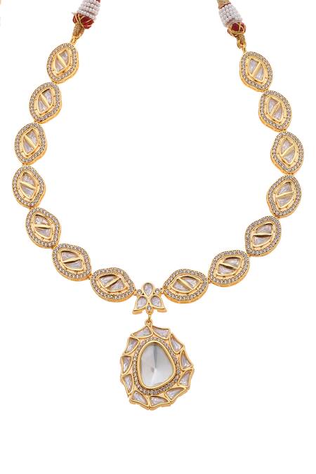 Minaki Gold Plated Piping, Diamonds Kundan Polki Long Pendant Necklace Set Online at Aza Fashions Minaki_Gold Plated Piping, Diamonds Kundan Polki Long Pendant Necklace Set _Online_at_Aza_Fashions