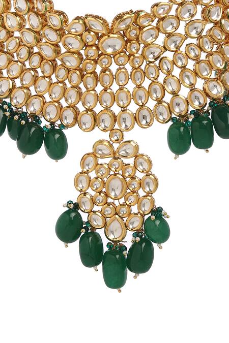 Shop_Minaki_Green Beads, Diamonds Kundan Embellished Necklace Set _Online_at_Aza_Fashions