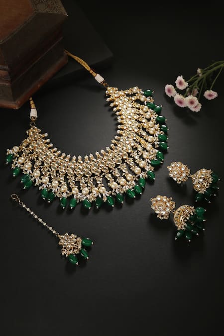 Minaki Green Pearls, Beads Kundan Necklace Set 