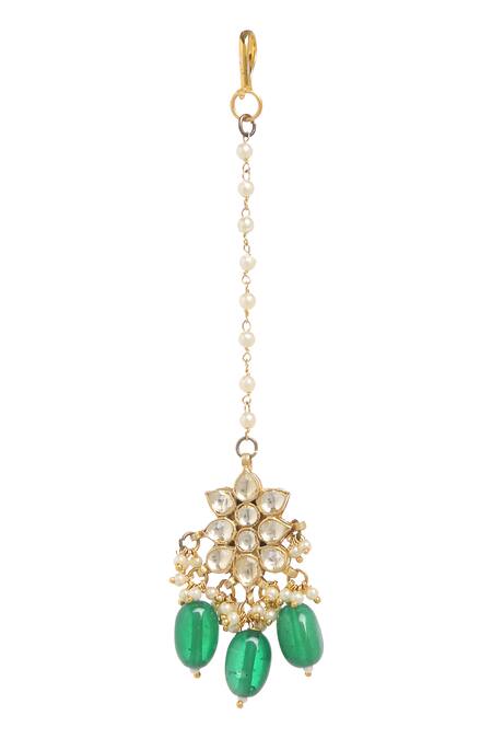 Minaki_Green Pearls, Beads Kundan Necklace Set _at_Aza_Fashions