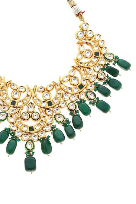 Minaki Green Stones, Beads, Gota Patti Gold Plated Kundan Necklace Set Online at Aza Fashions Minaki_Green Stones, Beads, Gota Patti Gold Plated Kundan Necklace Set _Online_at_Aza_Fashions