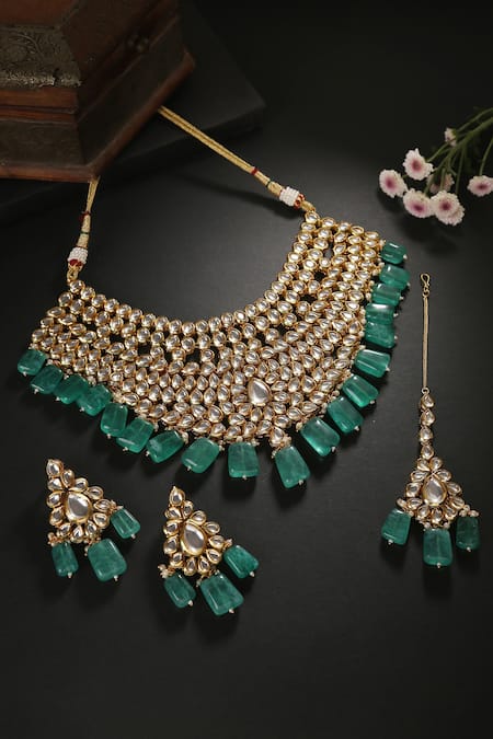 MINAKI Green Beads, Diamonds Kundan Embellished Necklace Set 