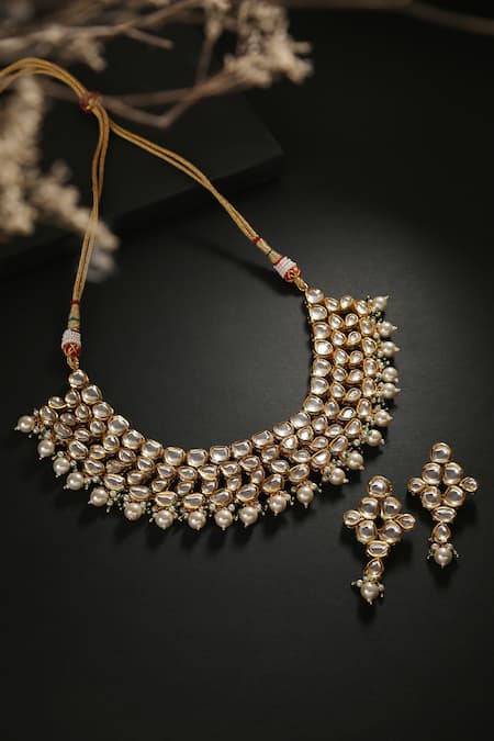 Minaki White Pearls, Diamonds Kundan Embellished Necklace Set 