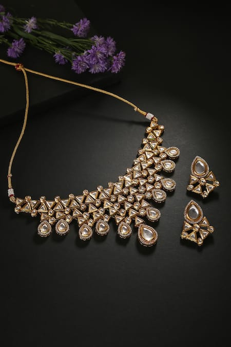 MINAKI Gold Plated Diamonds, Stones Kundan Triangle Shaped Necklace Set 