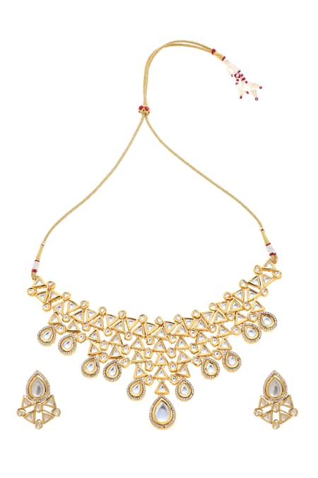 Shop_Minaki_Gold Plated Diamonds, Stones Kundan Triangle Shaped Necklace Set _at_Aza_Fashions