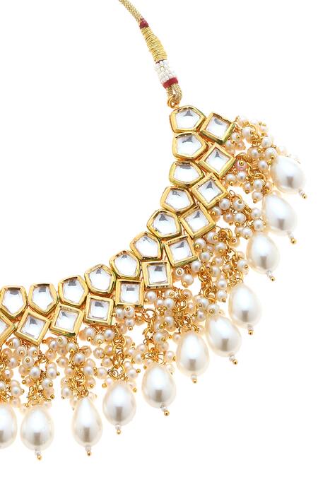 Minaki White Pearls, Stones Geometric And Kundan Necklace Set Online at Aza Fashions Minaki_White Pearls, Stones Geometric And Kundan Necklace Set _Online_at_Aza_Fashions