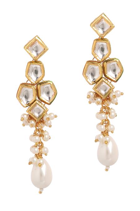 Shop_Minaki_White Pearls, Stones Geometric And Kundan Necklace Set _Online_at_Aza_Fashions