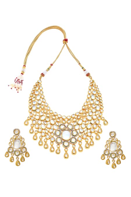 Shop Minaki Gold Plated Stones, Gota Patti Kundan Embellished Necklace Set at Aza Fashions Shop_Minaki_Gold Plated Stones, Gota Patti Kundan Embellished Necklace Set _at_Aza_Fashions
