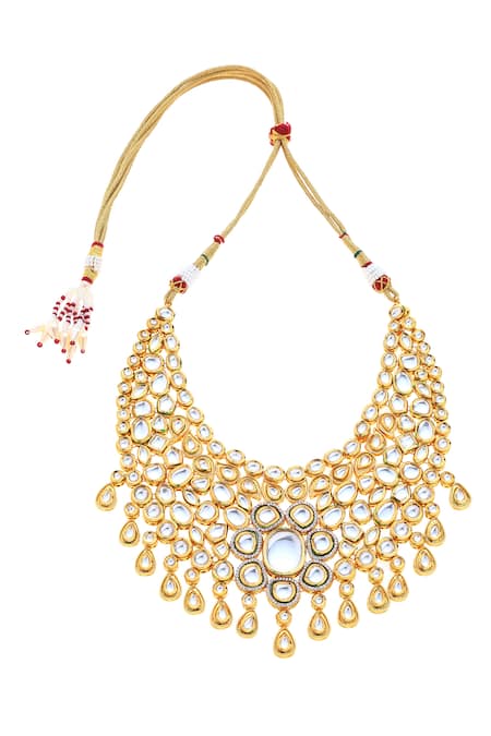 Minaki_Gold Plated Stones, Gota Patti Kundan Embellished Necklace Set _Online_at_Aza_Fashions