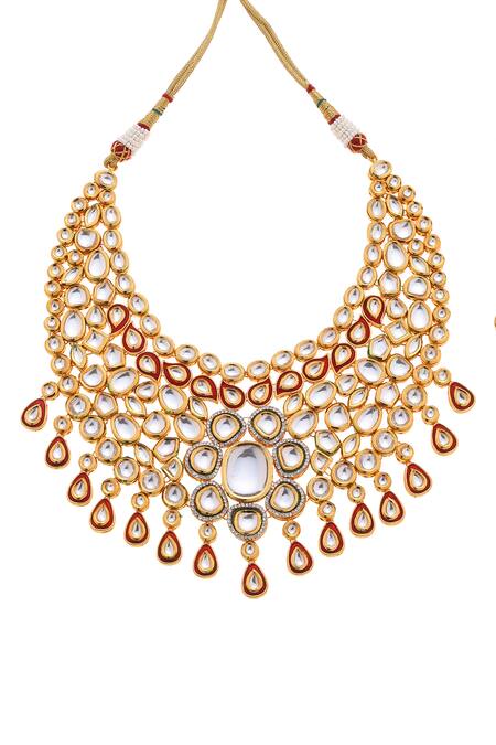 Minaki_Red Stones, Diamonds Geometric Kundan Necklace Set _Online_at_Aza_Fashions