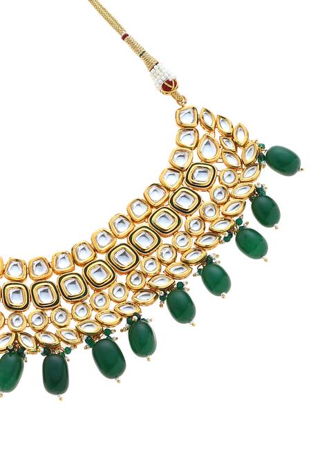 Minaki_Green Beads Kundan Drops Necklace Set _Online_at_Aza_Fashions