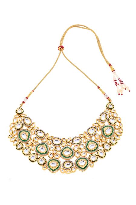 Buy_Minaki_Green Diamonds, Stones Kundan Meenakari Necklace Set _Online_at_Aza_Fashions
