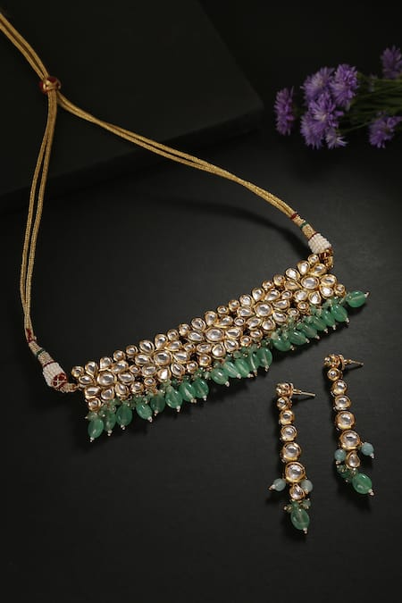 MINAKI Green Bead And Kundan Embellished Choker Set 