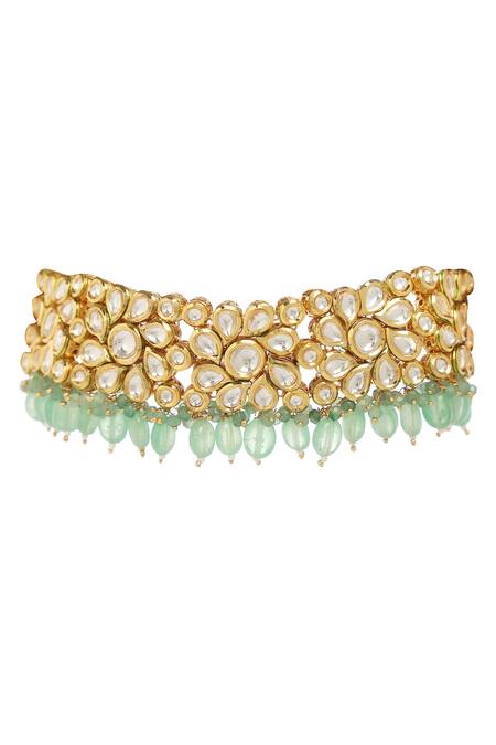 Shop_Minaki_Green Beads, Diamonds Kundan Embellished Choker Set _Online_at_Aza_Fashions
