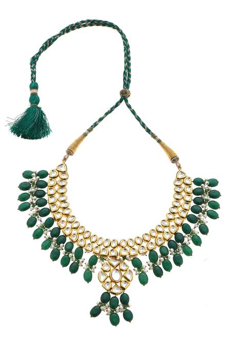 Minaki_Green Pearls, Beads, Gota Patti Kundan Drop Necklace Set_Online_at_Aza_Fashions