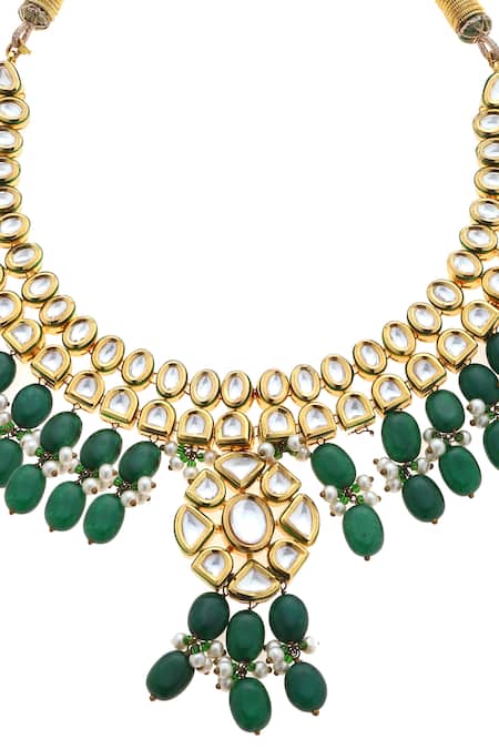 Buy_Minaki_Green Pearls, Beads, Gota Patti Kundan Drop Necklace Set_Online_at_Aza_Fashions