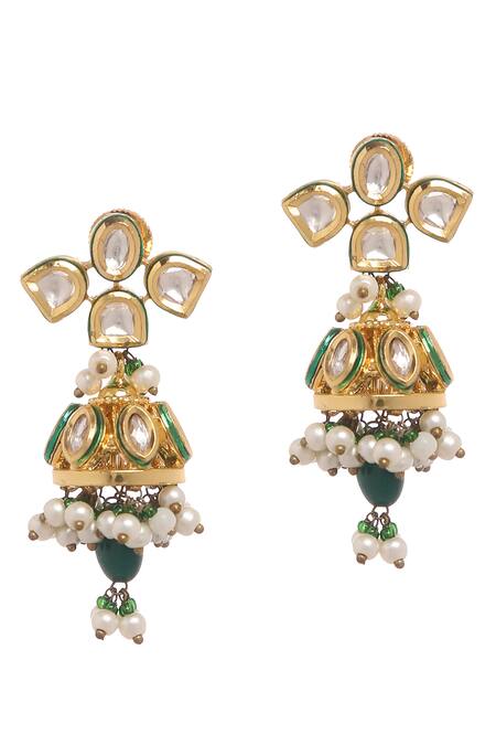 Minaki_Green Pearls, Beads, Gota Patti Kundan Drop Necklace Set_at_Aza_Fashions