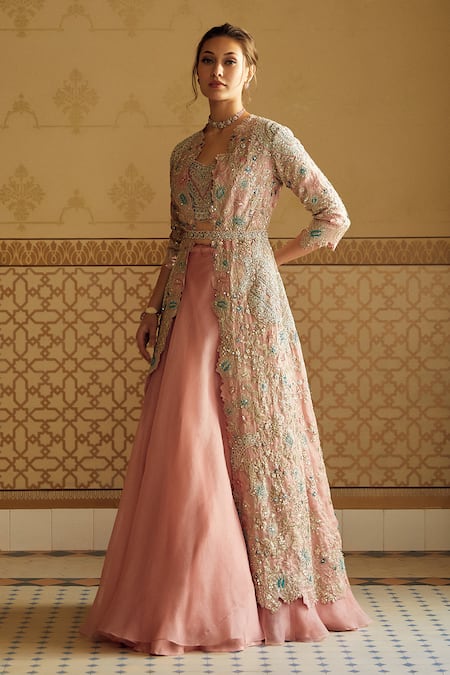 Buy_Osaa By Adarsh_Pink Organza Sequin, Thread And Beads V Neck Embroidered Jacket Lehenga Set_Online_at_Aza_Fashions