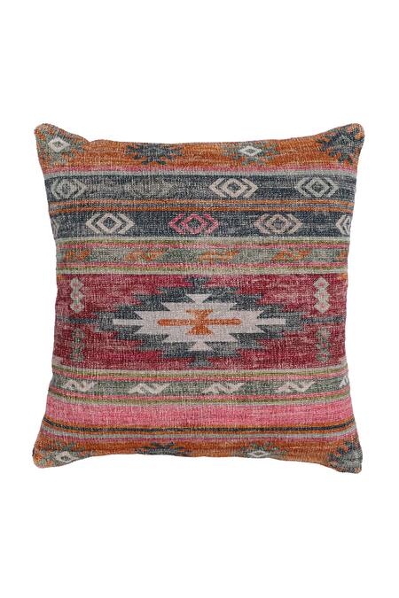 Shop Gharghar Multi Color Cotton Chenille Printed Kilim Square Shape Cushion Cover at Aza Fashions Shop_Gharghar_Multi Color Cotton Chenille Printed Kilim Square Shape Cushion Cover_at_Aza_Fashions