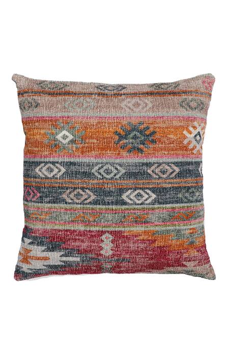 Shop Gharghar Multi Color Cotton Chenille Printed Kilim Square Shape Cushion Cover at Aza Fashions Shop_Gharghar_Multi Color Cotton Chenille Printed Kilim Square Shape Cushion Cover_at_Aza_Fashions