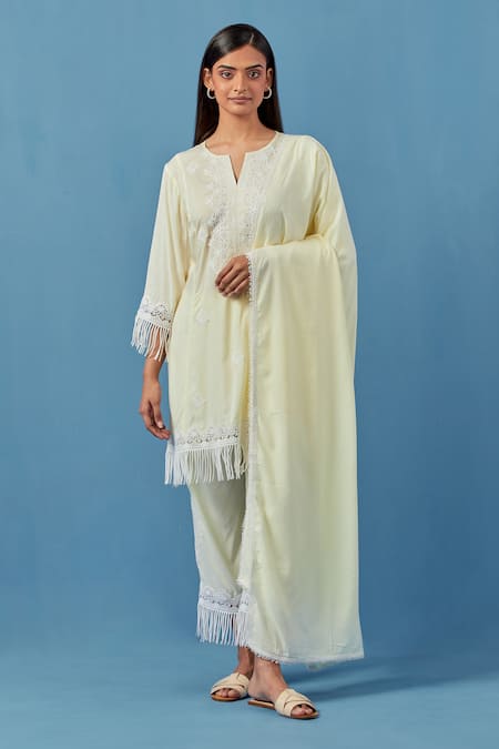 Sage Saga Yellow Cotton, Modal Embroidery Split V-neck Floral Crochet Applique Kurta Set 