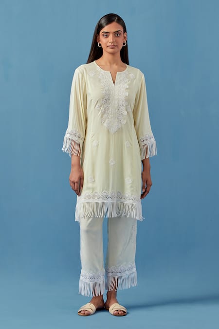 Sage Saga Yellow Cotton, Modal Embroidery Split V-neck Floral Crochet Applique Kurta Set Online at Aza Fashions Sage Saga_Yellow Cotton, Modal Embroidery Split V-neck Floral Crochet Applique Kurta Set _Online_at_Aza_Fashions