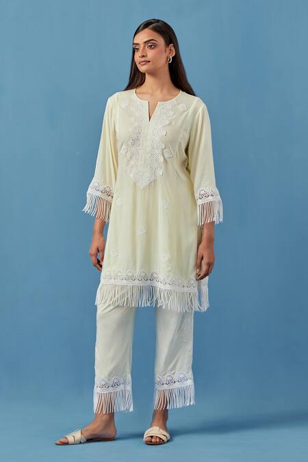 Buy Sage Saga Yellow Cotton, Modal Embroidery Split V-neck Floral Crochet Applique Kurta Set Online at Aza Fashions Buy_Sage Saga_Yellow Cotton, Modal Embroidery Split V-neck Floral Crochet Applique Kurta Set _Online_at_Aza_Fashions