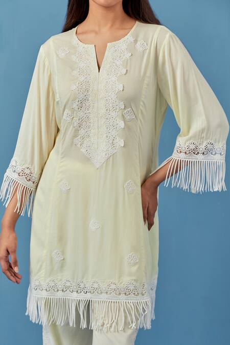 Shop Sage Saga Yellow Cotton, Modal Embroidery Split V-neck Floral Crochet Applique Kurta Set Online at Aza Fashions Shop_Sage Saga_Yellow Cotton, Modal Embroidery Split V-neck Floral Crochet Applique Kurta Set _Online_at_Aza_Fashions