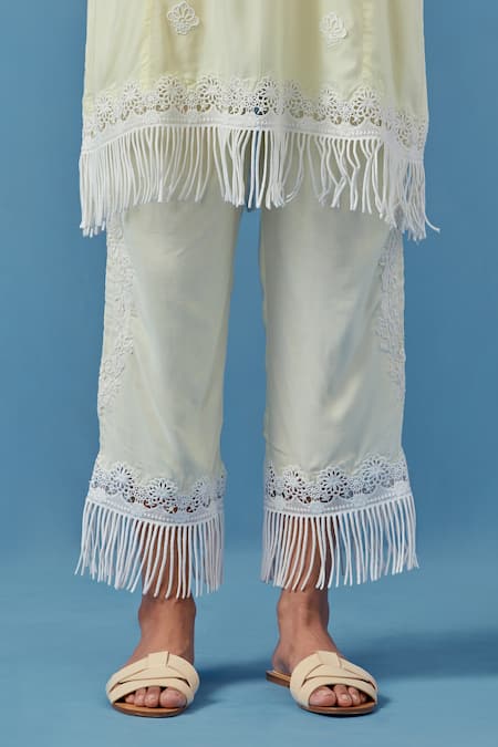 Sage Saga Yellow Cotton, Modal Embroidery Split V-neck Floral Crochet Applique Kurta Set at Aza Fashions Sage Saga_Yellow Cotton, Modal Embroidery Split V-neck Floral Crochet Applique Kurta Set _at_Aza_Fashions