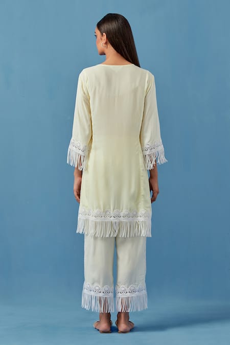 Shop Sage Saga Yellow Cotton, Modal Embroidery Split V-neck Floral Crochet Applique Kurta Set at Aza Fashions Shop_Sage Saga_Yellow Cotton, Modal Embroidery Split V-neck Floral Crochet Applique Kurta Set _at_Aza_Fashions