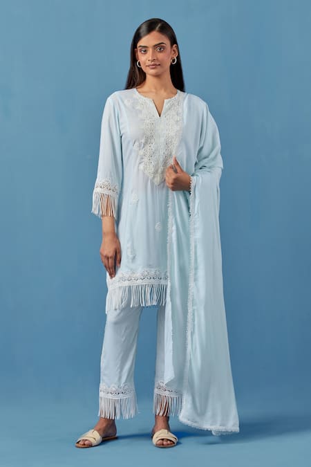 Sage Saga Blue Cotton, Modal Embroidery, Lace Aqua Crochet Applique Kurta Palazzo Set 