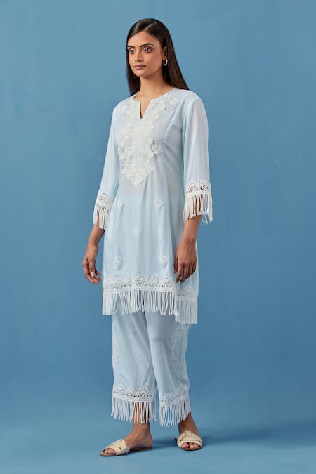Buy_Sage Saga_Blue Cotton, Modal Embroidery, Lace Aqua Crochet Applique Kurta Palazzo Set _Online_at_Aza_Fashions