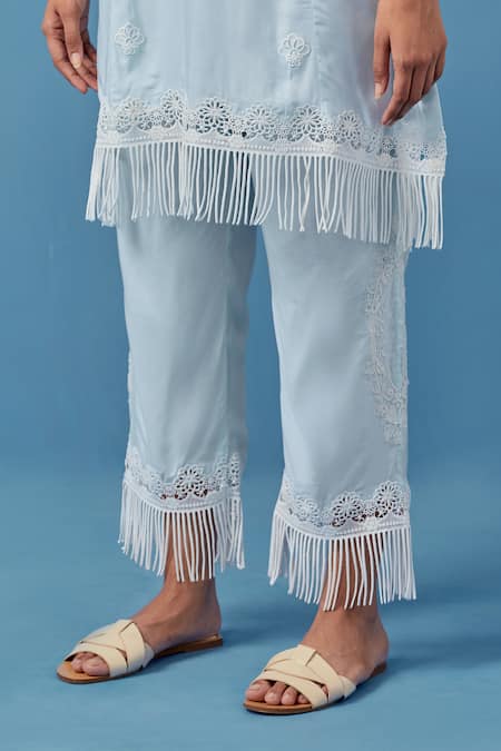 Sage Saga_Blue Cotton, Modal Embroidery, Lace Aqua Crochet Applique Kurta Palazzo Set _at_Aza_Fashions