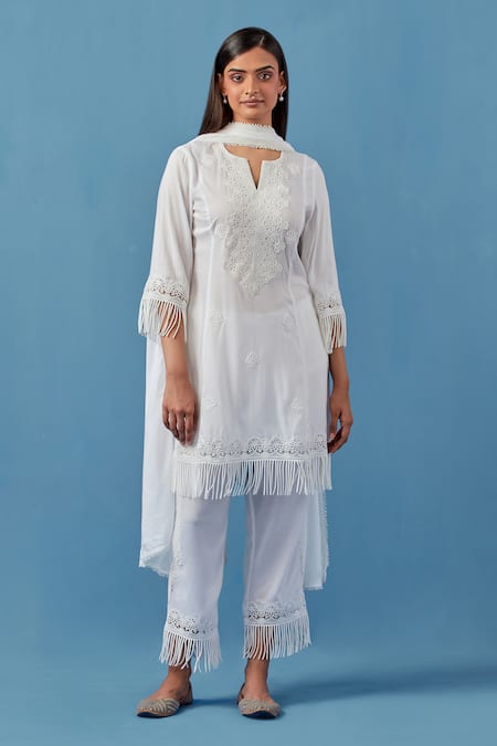 Sage Saga White Cotton, Modal Embroidery, Lace Keyhole Crochet Applique Kurta Palazzo Set 