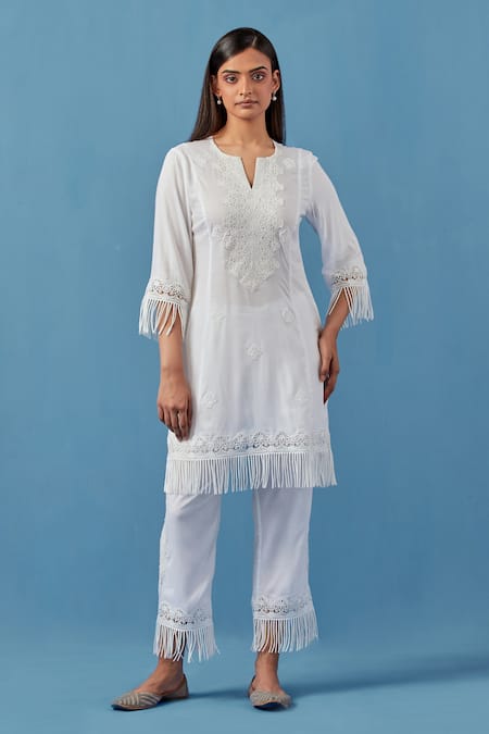 Sage Saga White Cotton, Modal Embroidery, Lace Keyhole Crochet Applique Kurta Palazzo Set Online at Aza Fashions Sage Saga_White Cotton, Modal Embroidery, Lace Keyhole Crochet Applique Kurta Palazzo Set _Online_at_Aza_Fashions