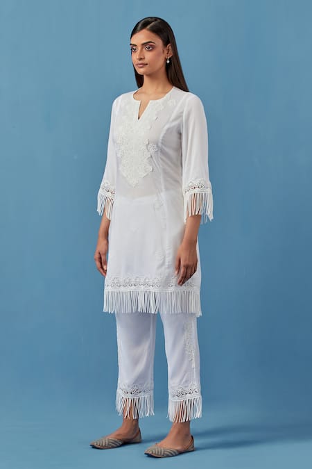 Buy Sage Saga White Cotton, Modal Embroidery, Lace Keyhole Crochet Applique Kurta Palazzo Set Online at Aza Fashions Buy_Sage Saga_White Cotton, Modal Embroidery, Lace Keyhole Crochet Applique Kurta Palazzo Set _Online_at_Aza_Fashions